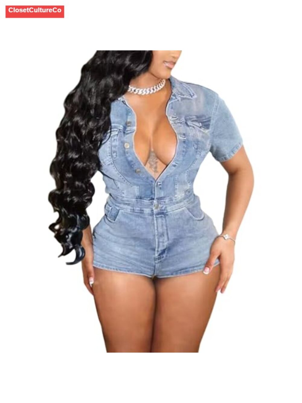 Vintage Denim Short Sleeve Button Down Jean Jumpsuit Romper Pockets